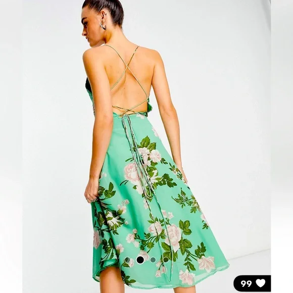 ASOS design cami wrap midi dress with lace up back in sage floral - Picture 1 of 12